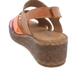 Cushioned Leather Wedge Heel Sandals - Tan Multi