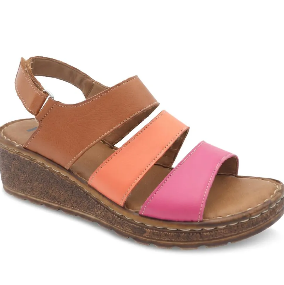 Cushioned Leather Wedge Heel Sandals - Tan Multi