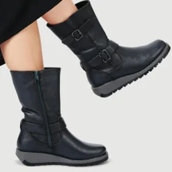 Dual Buckle Calf Length Boots - Teal
