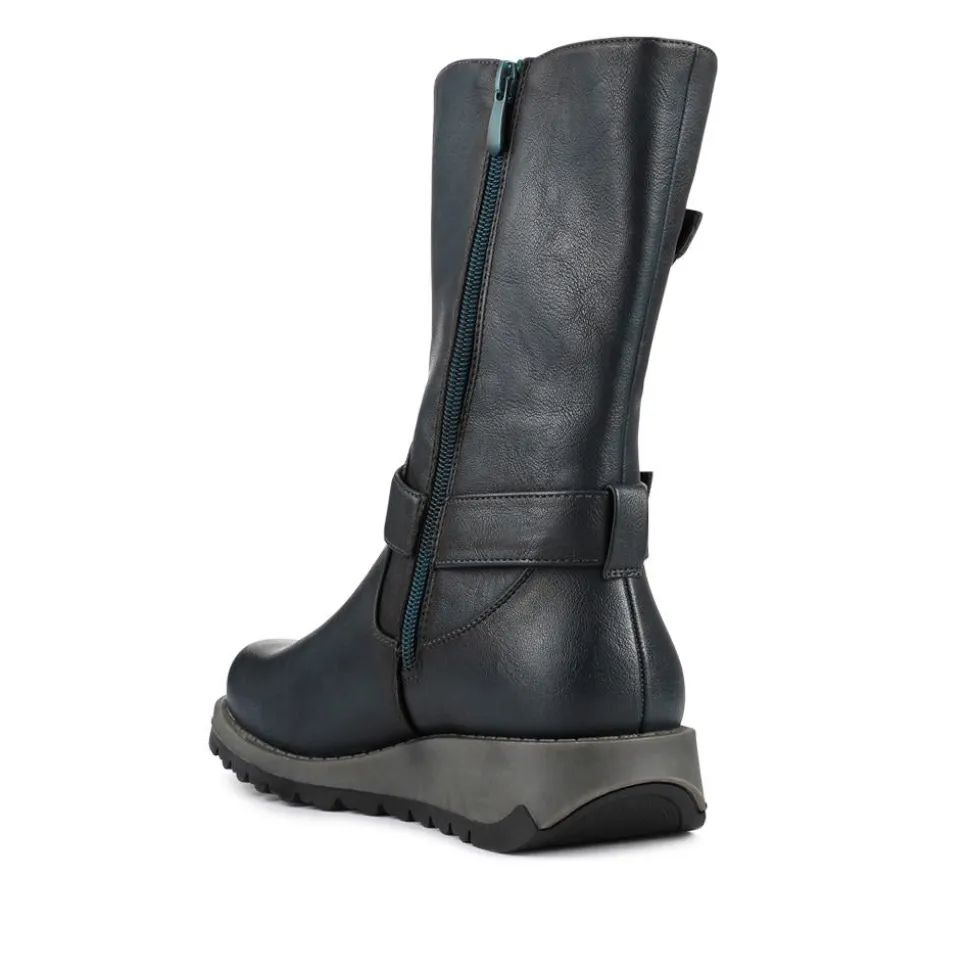 Dual Buckle Calf Length Boots - Teal