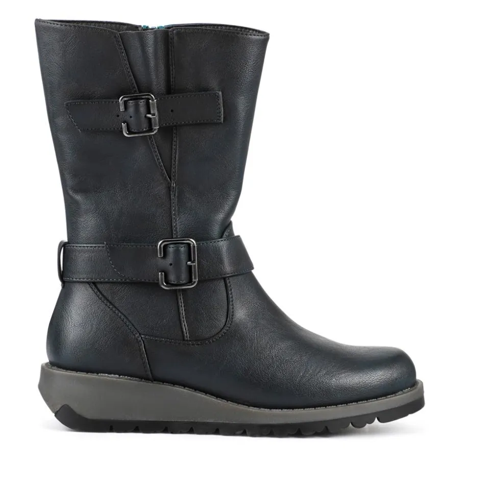 Dual Buckle Calf Length Boots - Teal