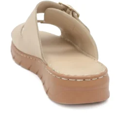 Dual Buckled Leather Chunky Mule Sandals - Beige