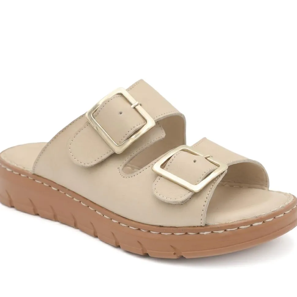 Dual Buckled Leather Chunky Mule Sandals - Beige