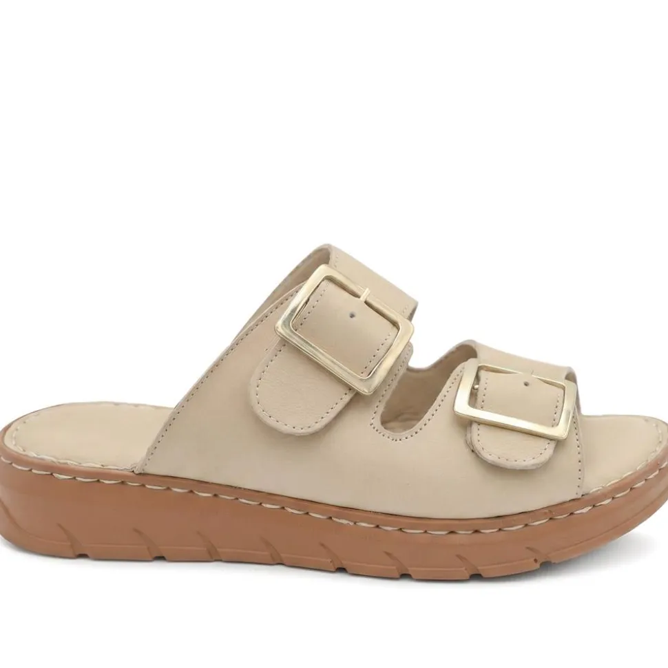 Dual Buckled Leather Chunky Mule Sandals - Beige