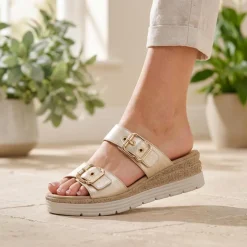 Dual-Buckled Mule Sandals - Gold
