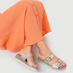 Dual-Buckled Mule Sandals - Gold