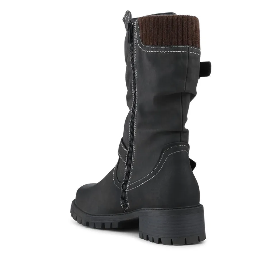 Dual Buckle Knitted Cuff Zipped Ankle Boots - Black