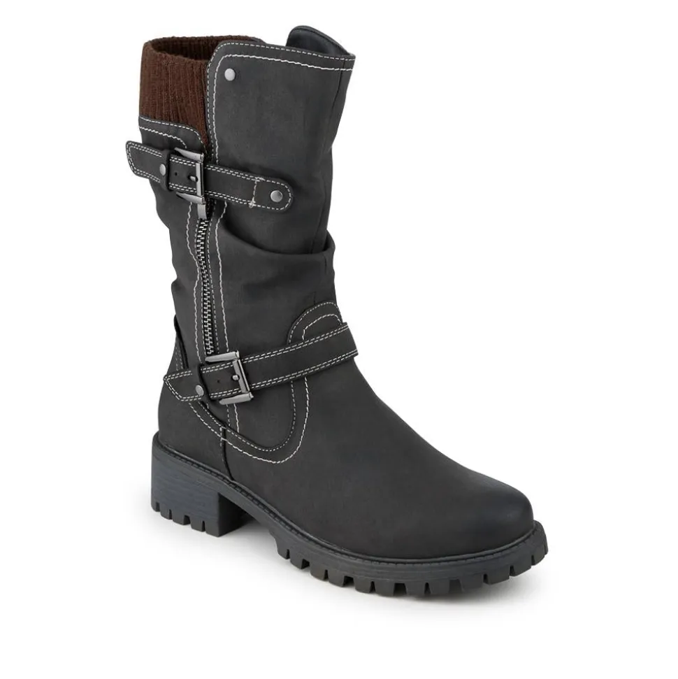Dual Buckle Knitted Cuff Zipped Ankle Boots - Black