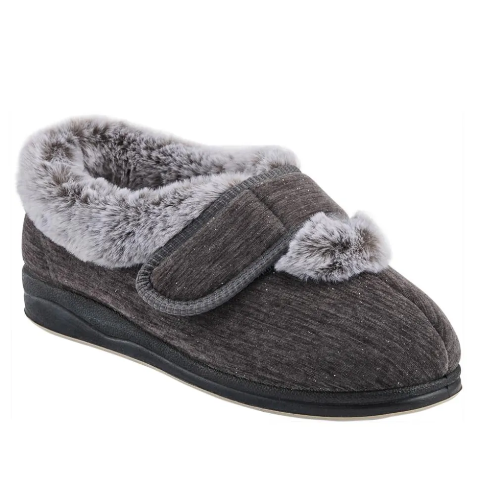 EasyFit Extra Wide Touch Fasten Slippers - Grey