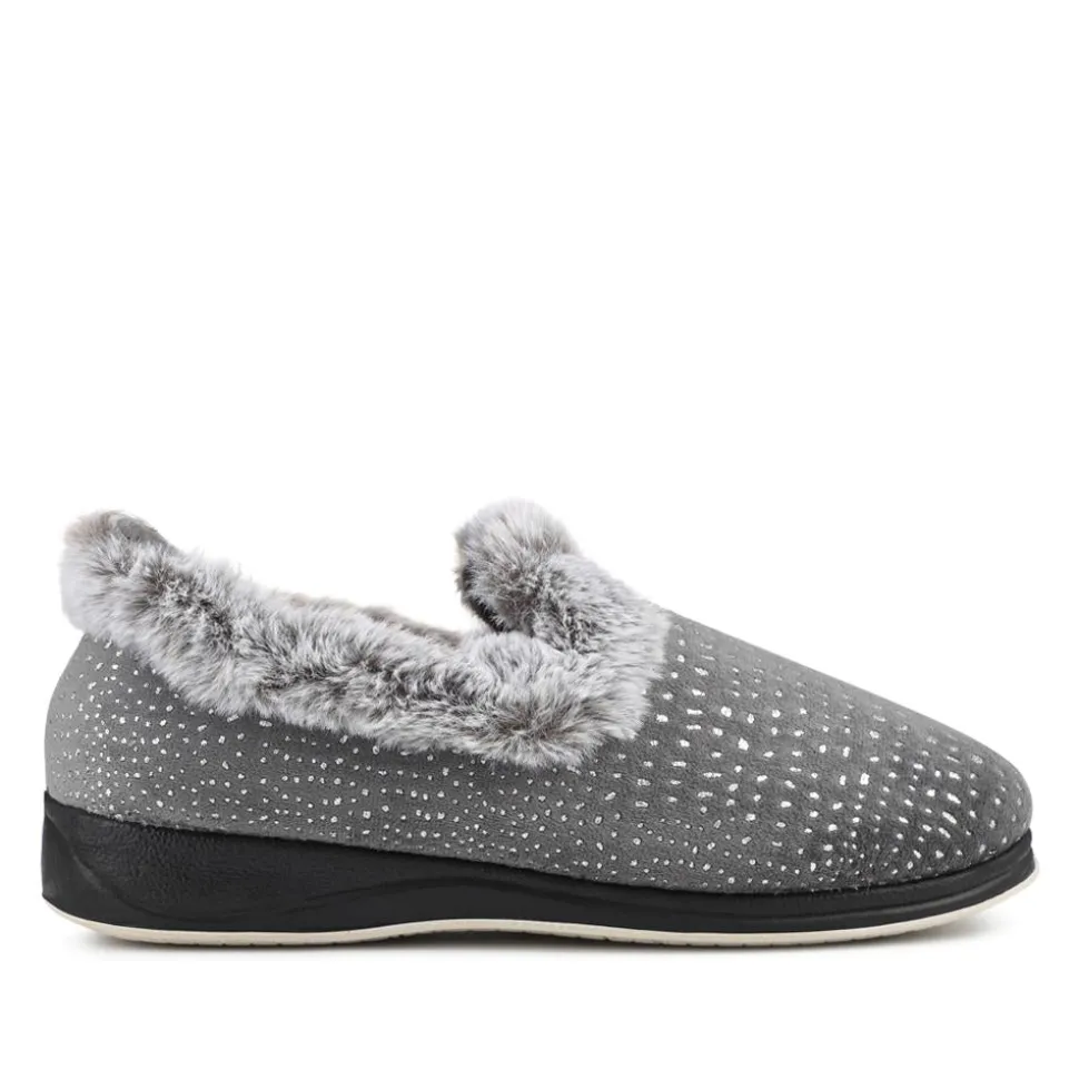 Easy Step In Wide Fit Fur Cuff Slippers - Grey