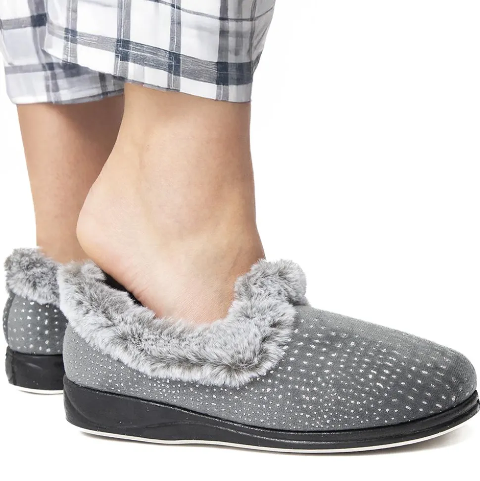 Easy Step In Wide Fit Fur Cuff Slippers - Grey