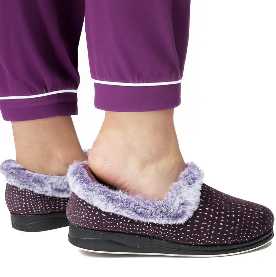 Easy Step In Wide Fit Fur Cuff Slippers - Plum