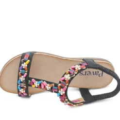 Elasticated Beaded Slip On Sandals - Black