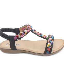 Elasticated Beaded Slip On Sandals - Black