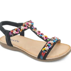 Elasticated Beaded Slip On Sandals - Black