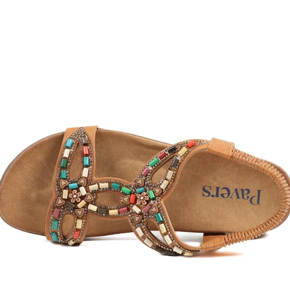 Elasticated Embellished Slingback Sandals - Tan
