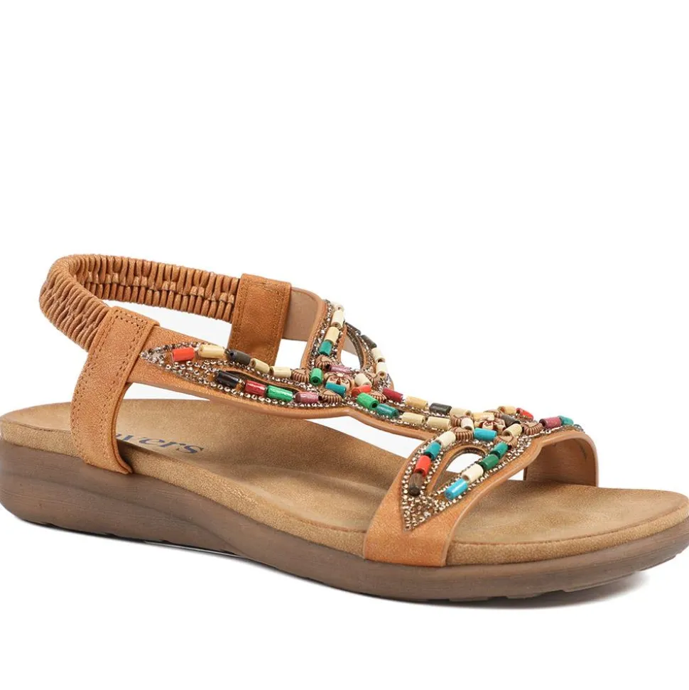 Elasticated Embellished Slingback Sandals - Tan