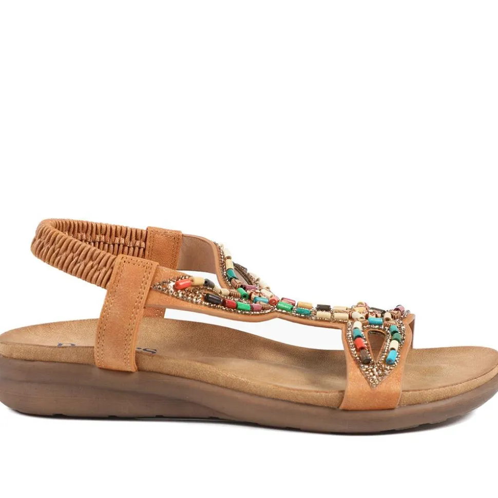 Elasticated Embellished Slingback Sandals - Tan