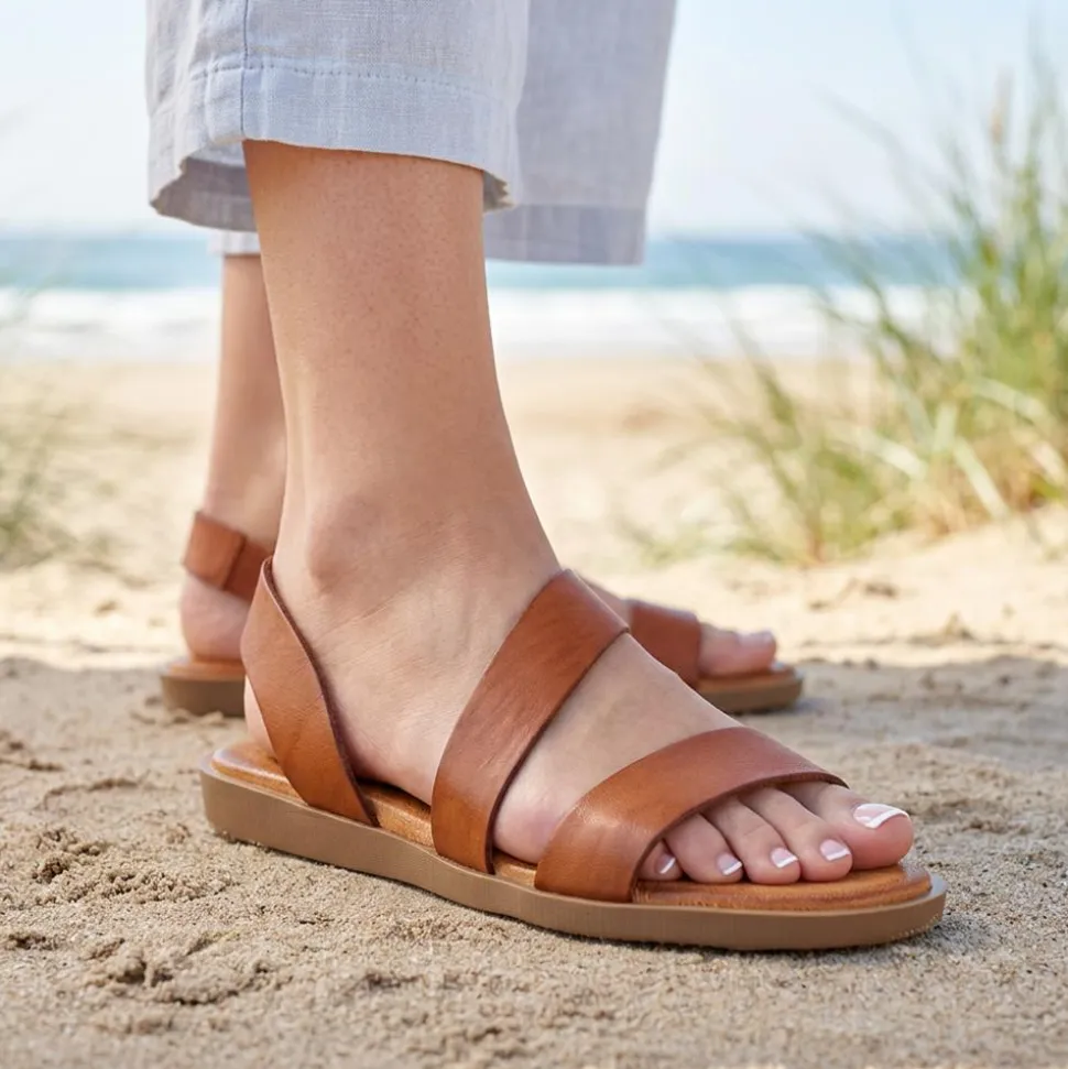 Elasticated Leather Sandals - Tan