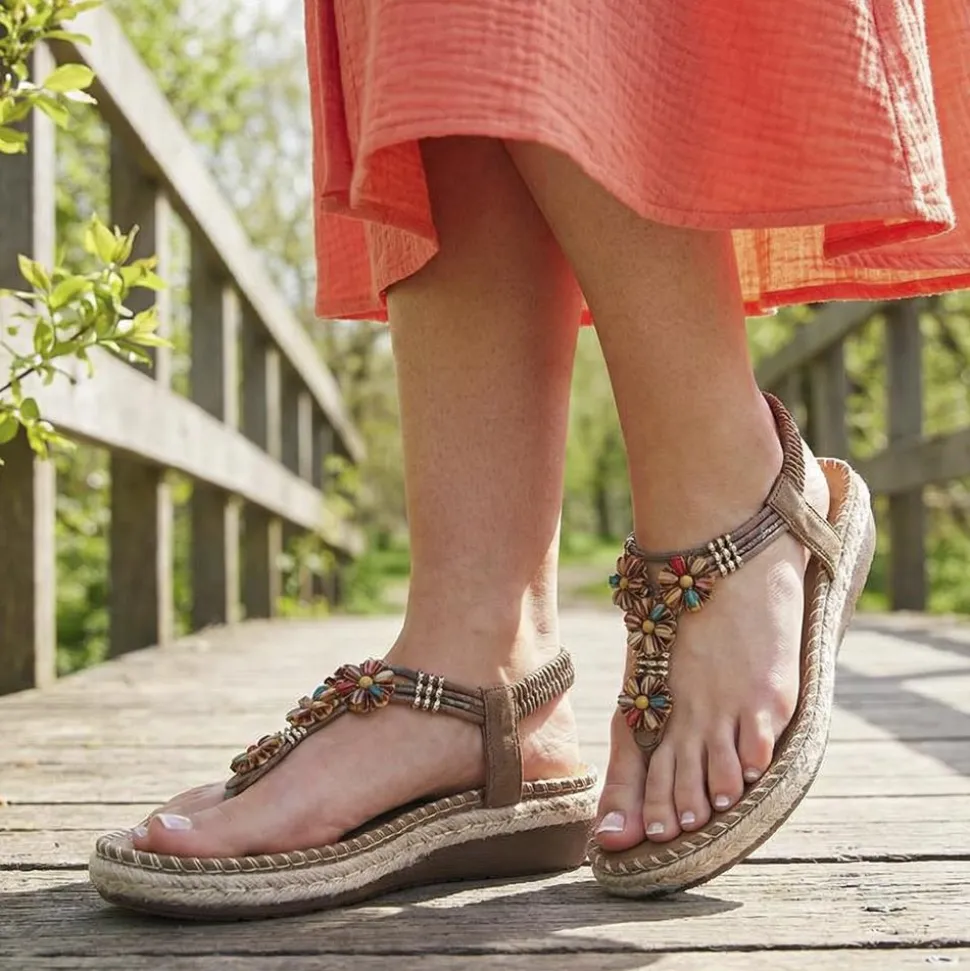 Elasticated Slingback Toe Post Sandals - Brown