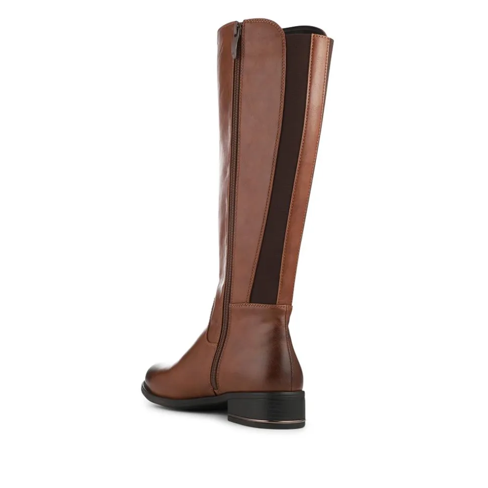 Elastic Fitting Zip Up Long Boots - Cognac