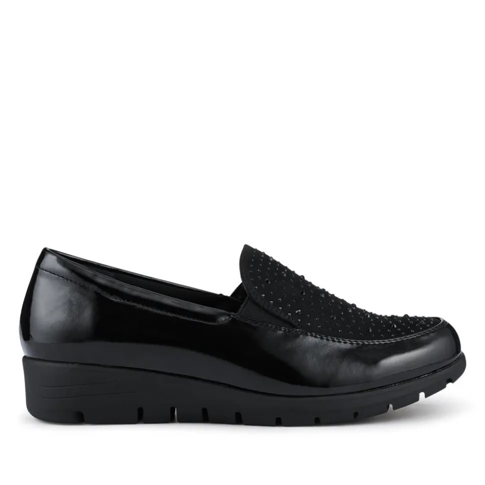 Embellished Slip-On Wedge Shoes - Black Patent