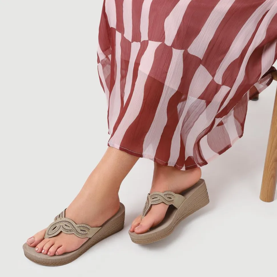 Embellished Wedge Toe Post Sandals - Gold