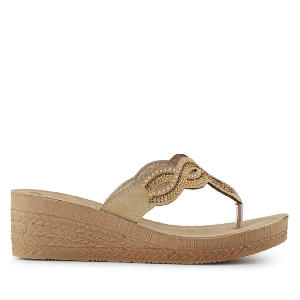 Embellished Wedge Toe Post Sandals - Gold