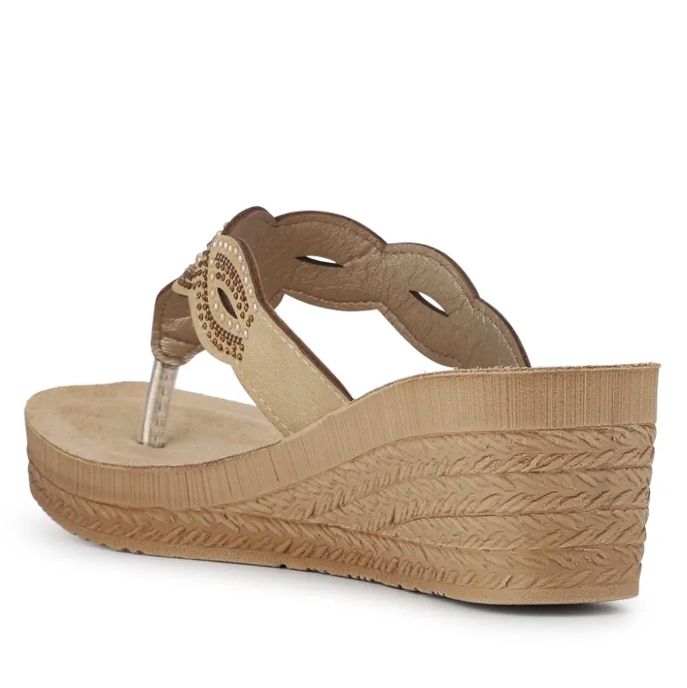 Embellished Wedge Toe Post Sandals - Gold