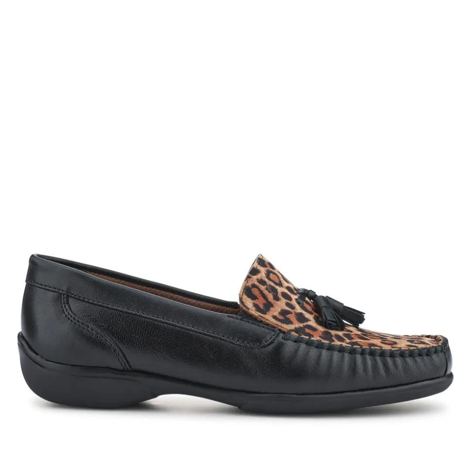 Embroided Panel Leather Loafers - Black-Leopard