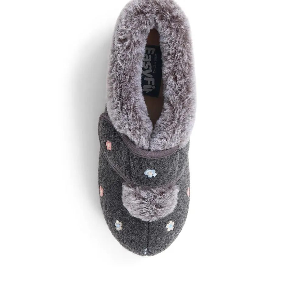 Extra-Wide Fit Faux-Fur Flower Slippers - Grey