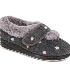 Extra-Wide Fit Faux-Fur Flower Slippers - Grey