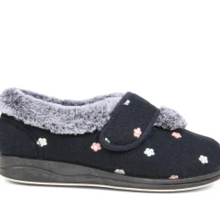 Extra-Wide Fit Faux-Fur Flower Slippers - Navy