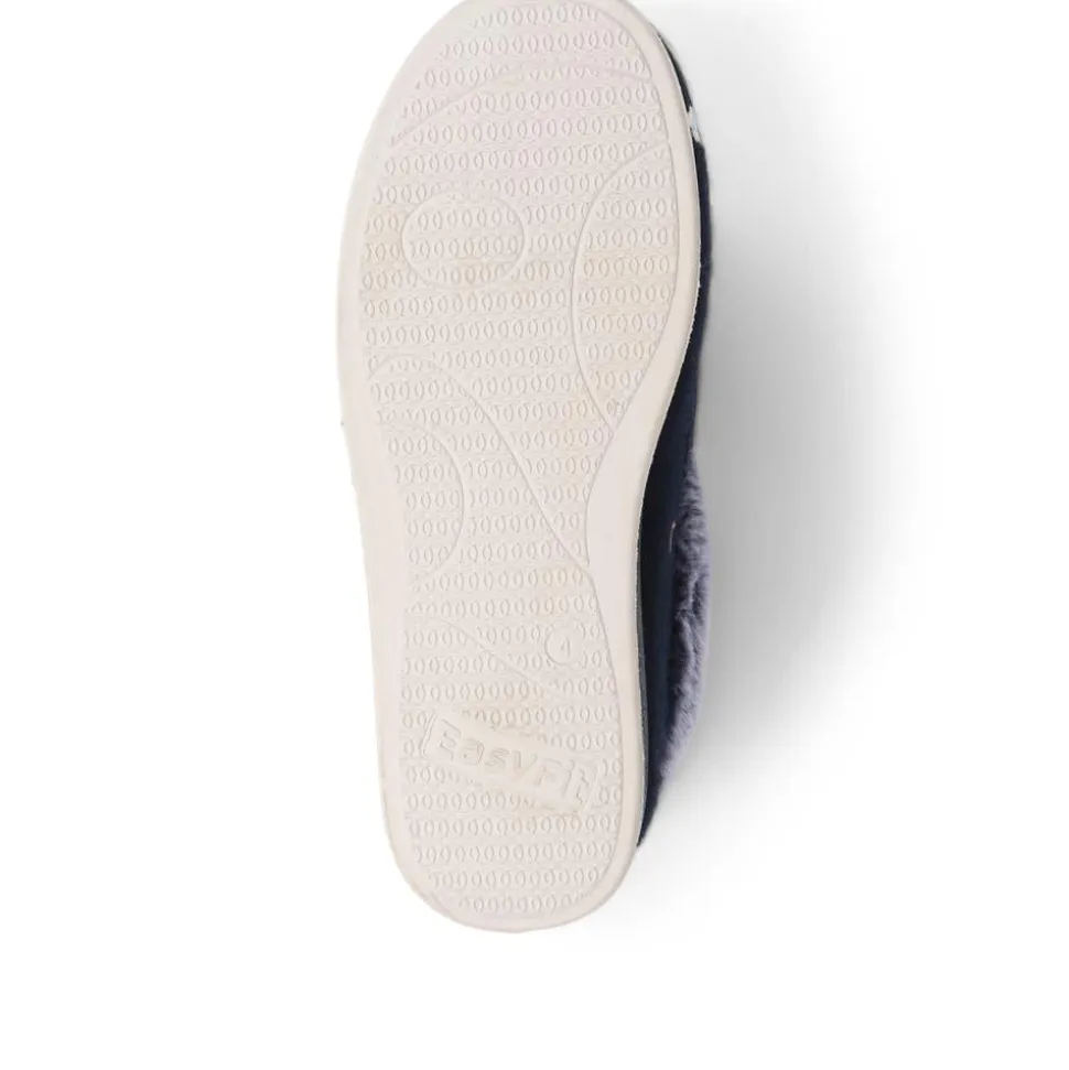 Extra-Wide Fit Faux-Fur Flower Slippers - Navy