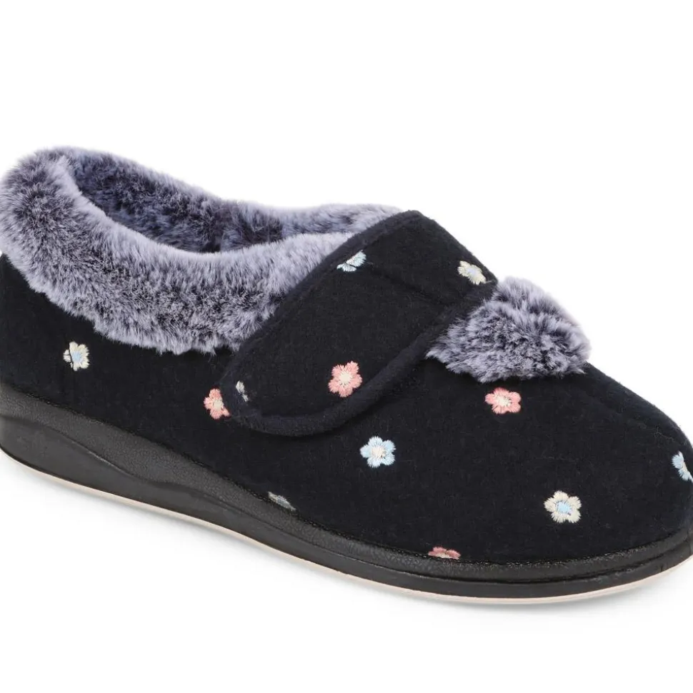 Extra-Wide Fit Faux-Fur Flower Slippers - Navy
