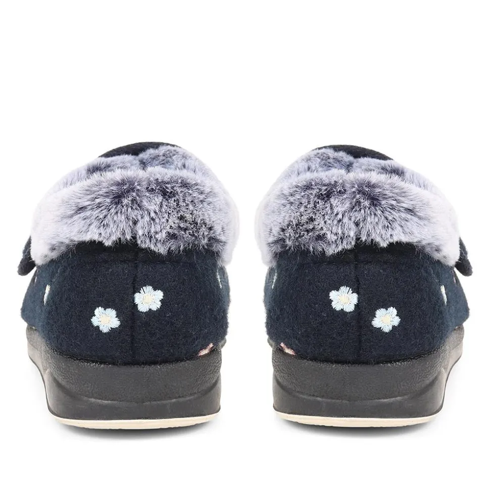 Extra-Wide Fit Faux-Fur Flower Slippers - Navy