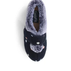 Extra-Wide Fit Faux-Fur Flower Slippers - Navy