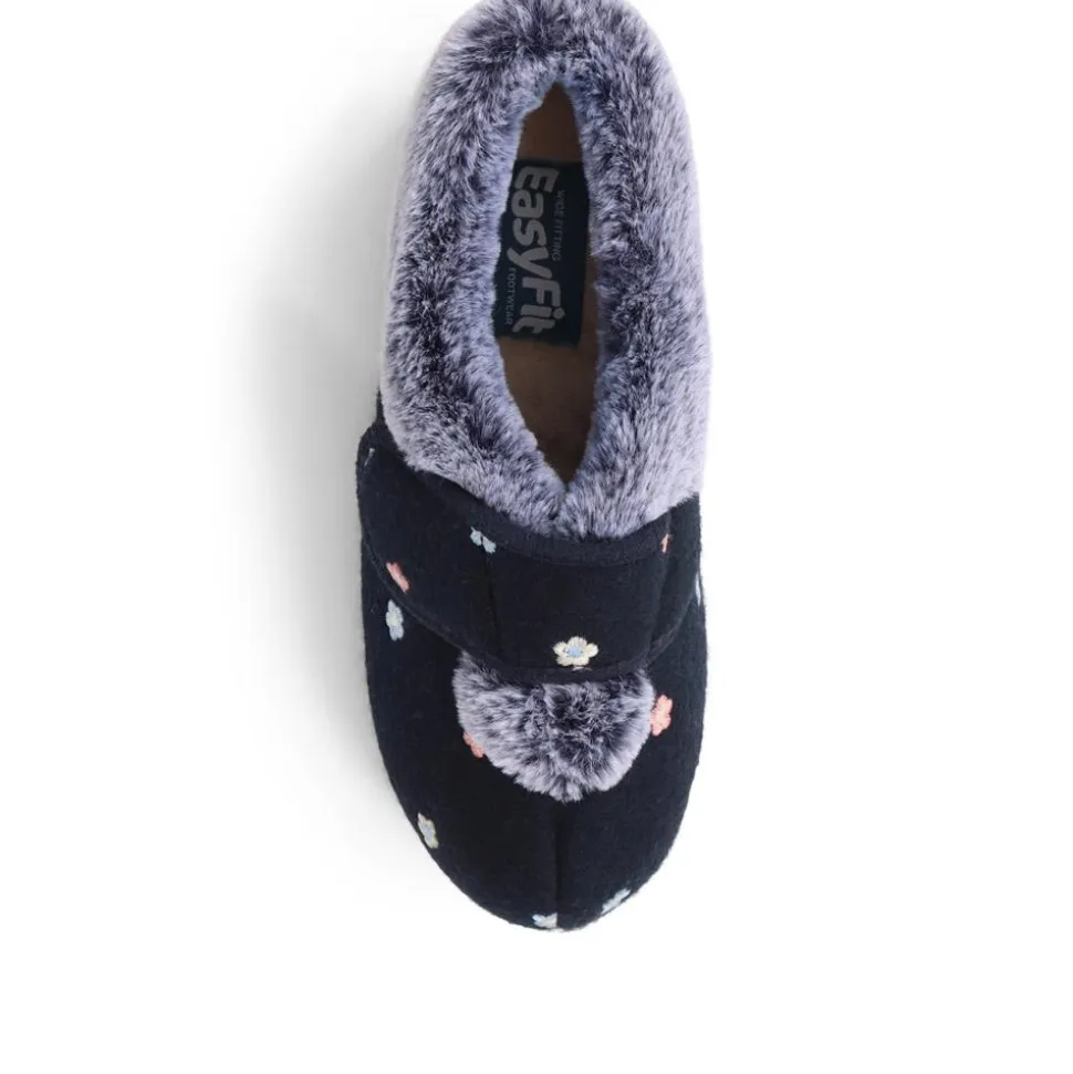 Extra-Wide Fit Faux-Fur Flower Slippers - Navy