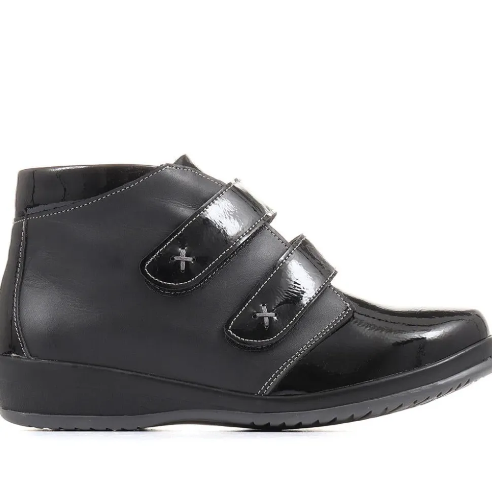 Extra Wide Leather Ankle Boots - Black Patent