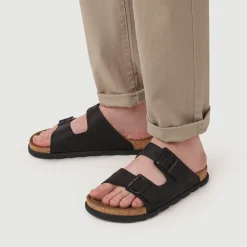 Extra-Wide Leather Mule Sandals - Black