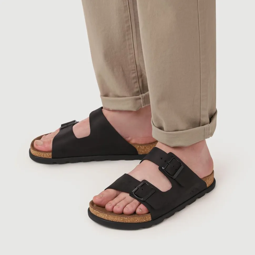 Extra-Wide Leather Mule Sandals - Black