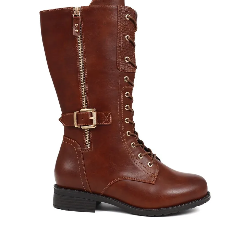 Extra-Wide Long Lace-Up Boots - Tan