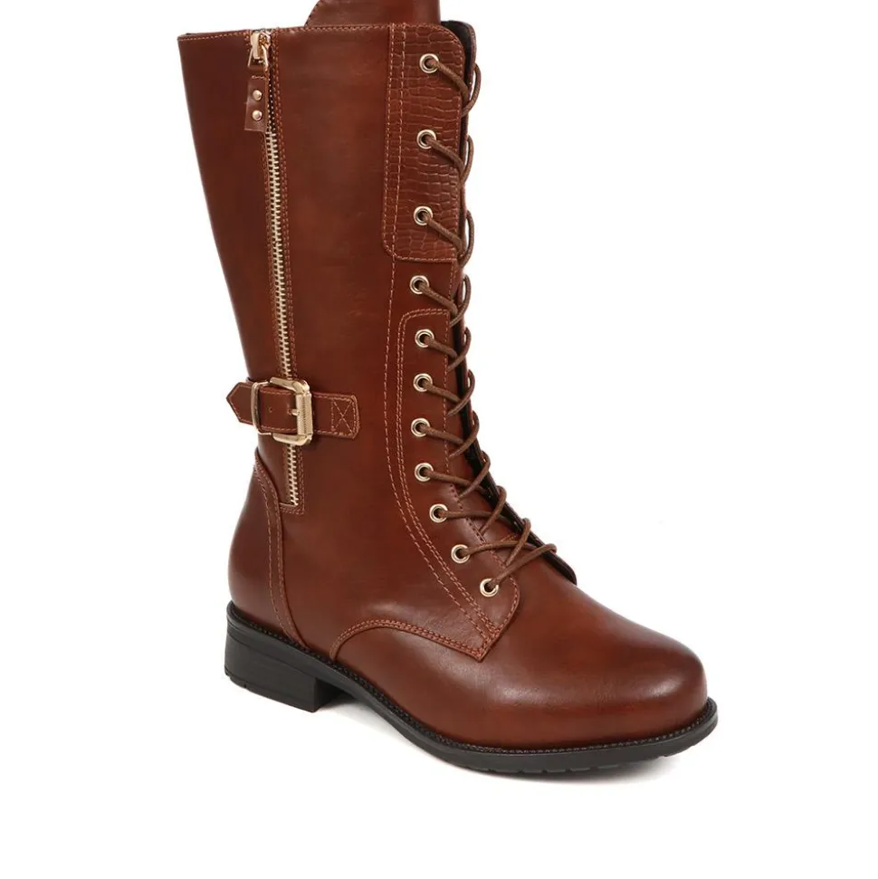 Extra-Wide Long Lace-Up Boots - Tan