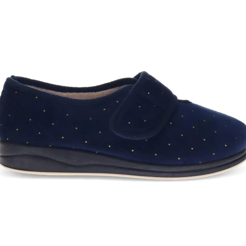 Extra-Wide Touch-Fasten Velour Slippers - Navy