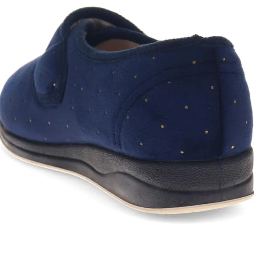 Extra-Wide Touch-Fasten Velour Slippers - Navy