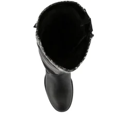 Fabric-Cuff Block-Heeled Long Boots - Black