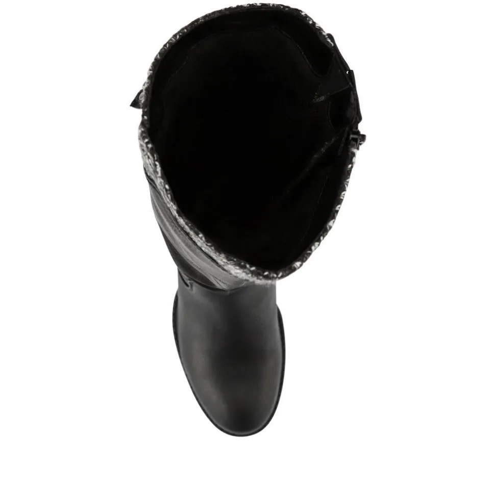 Fabric-Cuff Block-Heeled Long Boots - Black