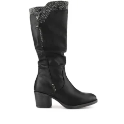 Fabric-Cuff Block-Heeled Long Boots - Black