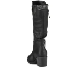 Fabric-Cuff Block-Heeled Long Boots - Black