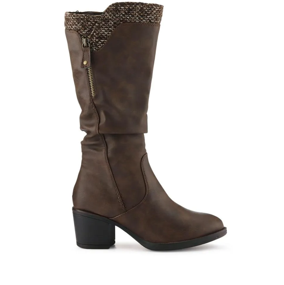 Fabric-Cuff Block-Heeled Long Boots - Brown